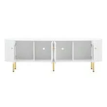 Low TV Unit With Glass Doors, Practical Storage Unit For The Living Room, Gold Handles And Legs - White - View 9