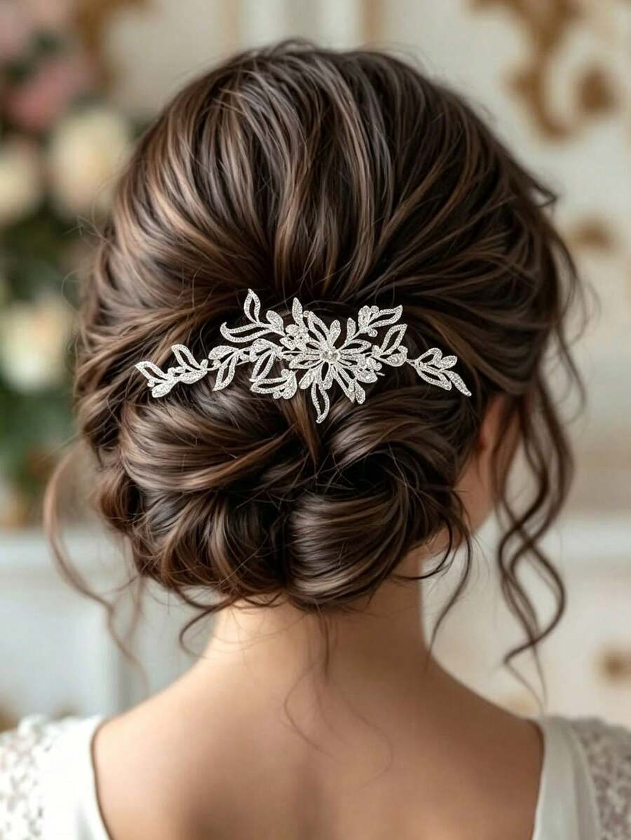 1pc Vintage Elegant Hollow Floral Leaf Rhinestone Hair Comb, Bridal Wedding Accessory, Gentle Low Bun Hair Accessory, Evening Toast Dress Headpiece - Multicolor - View 1