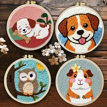 DIY 初學者戳戳繡套件，含戳戳繡針、線材、指南、繡框與預印布料，可愛天竺鼠、貓頭鷹與小狗圖案，20x20cm/7.87in，創意牆飾或禮物，趣味 2D 戳戳繡手工 - 20X20cm - 查看 2