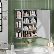 Wall Mounted Mirror Bathroom Medicine Cabinet With Adjustable Open Storage Shelves, Bathroom Wall Organizer Cabinet With Mirror Door & 6 Customizable Shelves - Grey - View 7