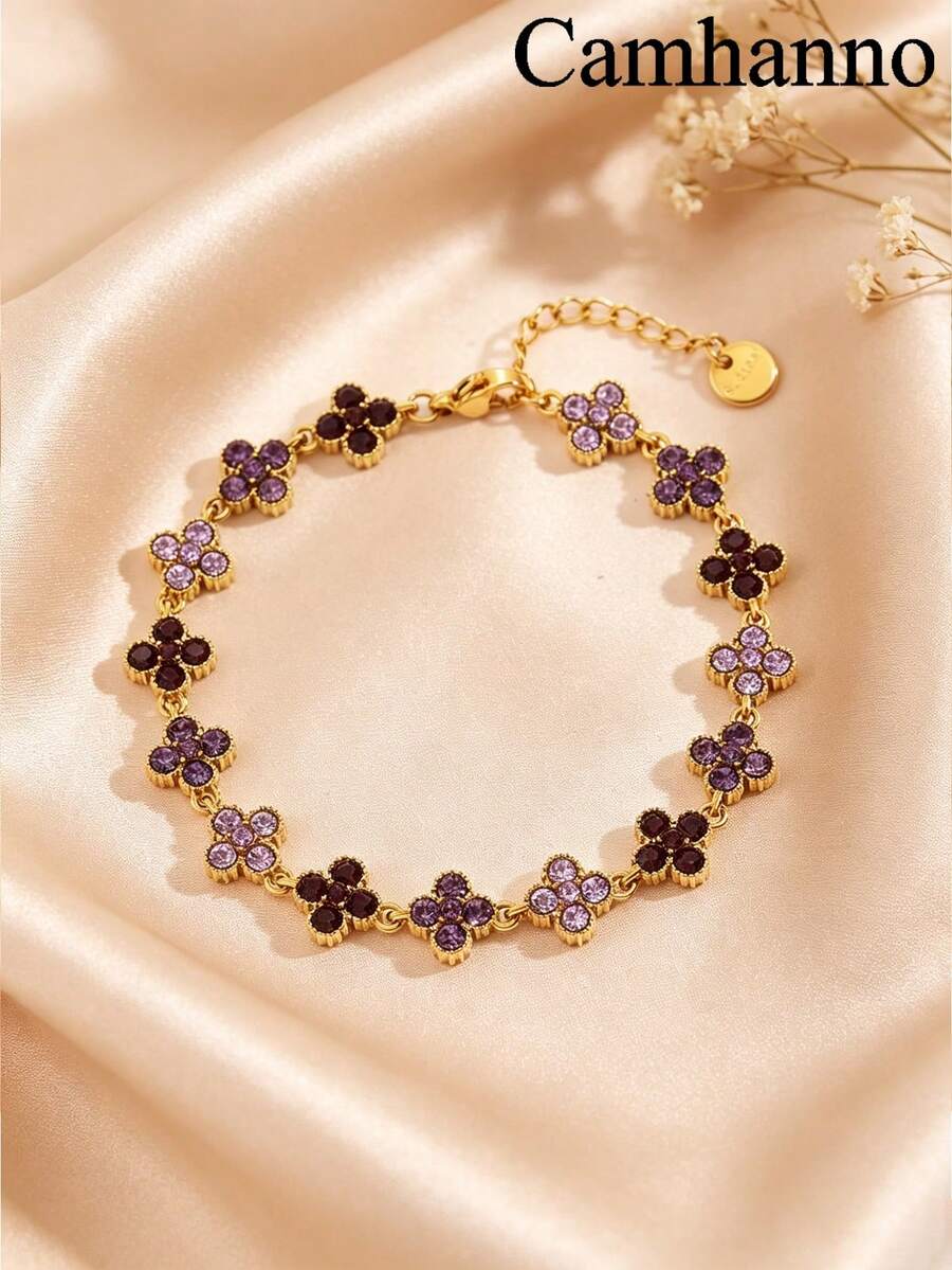 Camhanno 1pc European And American Luxury Style Stainless Steel 18K Gold Plated Four-Leaf Clover Rhinestone Bracelet, Multiple Color Rhinestones Available, Non-Fading, Exquisite Fine Chain, Versatile For Commuting, Women's Jewelry Gift For Best Friend, Daily Accessory - Gold 5 - View 1