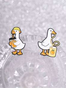 2pcs Summer Juice Goose Enamel Pin Set, Cute Drinking Duckling Matching Brooch, Fun Accessory For Kids & Adults, Perfect Gift Idea - Multicolor - View 8