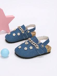 Girls' Formal Closed-Toe Mule Shoes, Classic Blue, 2-Way Wear, With Gold Rhinestone Chain Strap, 3D Heart And Flower Decor, Suitable For All Seasons - Blue - View 4