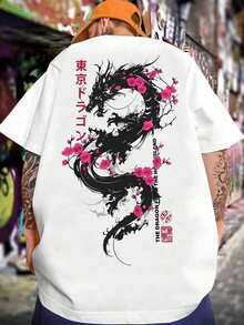 Camiseta Y2k para Hombre con Diseño de Dragón y Escritura Japonesa Estilo Anime - Blanco - Ver 1