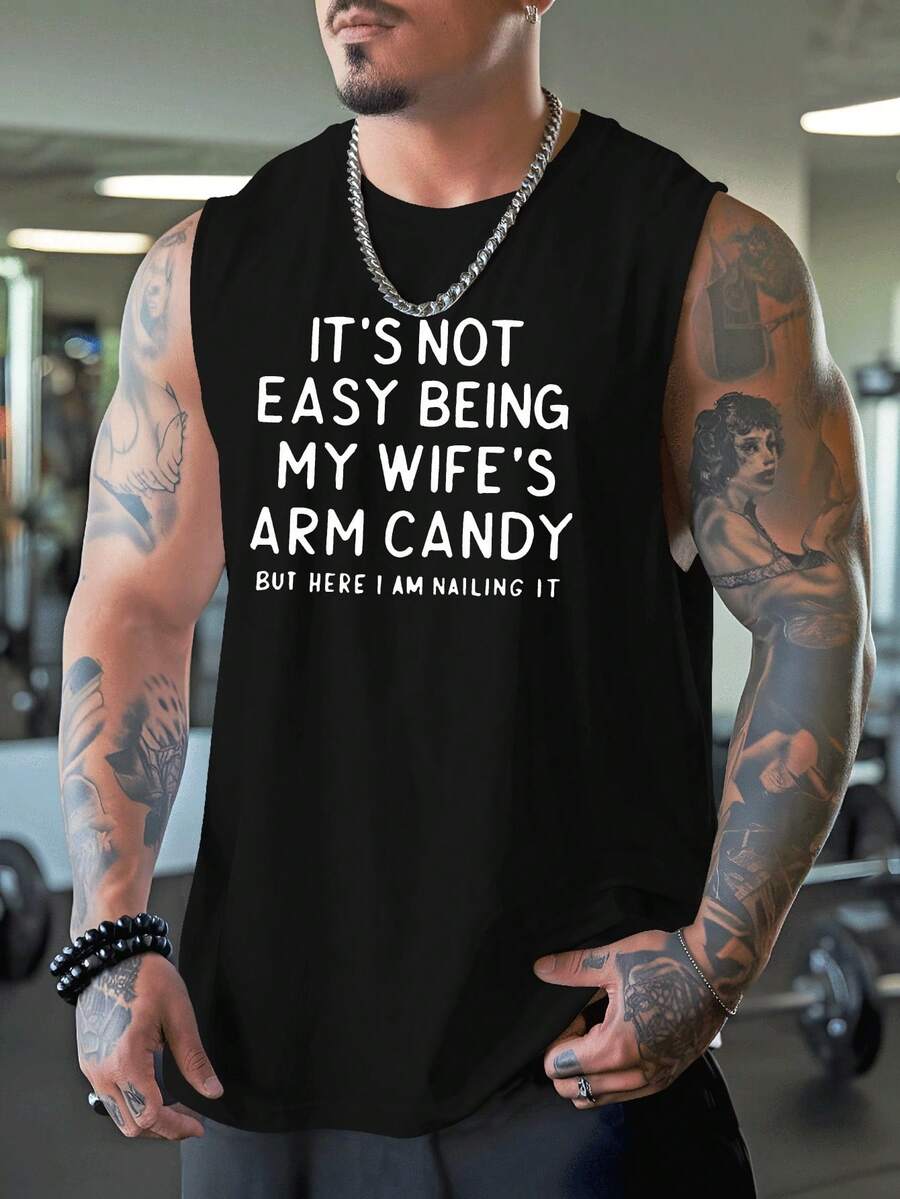 Camiseta Hombre Sin Mangas Divertida "No Es Fácil Ser el Adorno de Mi Esposa", Playera Deportiva Transpirable Secado Rápido Baloncesto Regalo Tallas Grandes - Negro - Ver 1