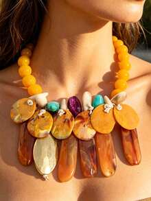 Chunky Amber Statement Bib Necklace, Multicolor Oversized Choker, Summer Tropical Beach Resort Bold Collar Jewelry - Multicolor - View 1