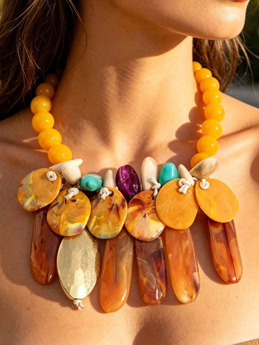 Chunky Amber Statement Bib Necklace, Multicolor Oversized Choker, Summer Tropical Beach Resort Bold Collar Jewelry - Multicolor - View 1