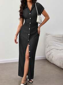 Lady Vestido de mezclilla informal de manga corta de una sola hilera y silueta delgada para mujer - Negro - Ver 1