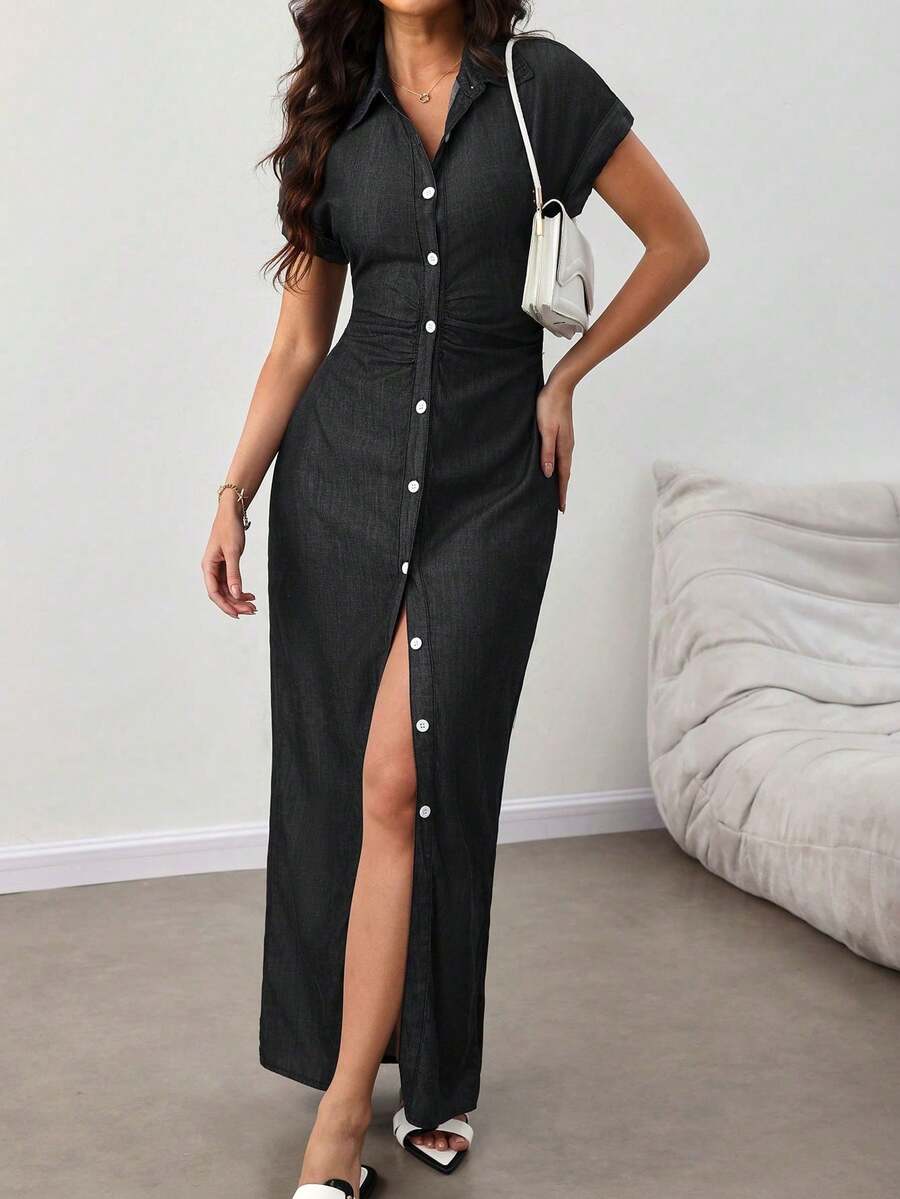 Lady Vestido de mezclilla informal de manga corta de una sola hilera y silueta delgada para mujer - Negro - Ver 1