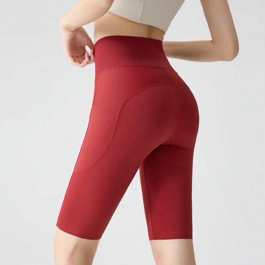 BIVIGAOS Sharkskin Yoga Shorts With Pocket, Summer Cycling Shorts, High Waist Slim Fit Push-Up Shorts, Nude Feel, Sports Shorts For Cycling And Fitness - 火紅 - 查看 1
