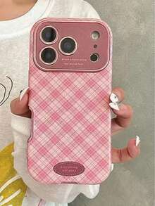 極簡 Ins 風情侶格紋手機殼，適用於 Apple 17 Pro Max、16 Pro、13、14 Pro、15 Pro，小眾全包覆皮革防摔軟殼 - 粉色 - 查看 6