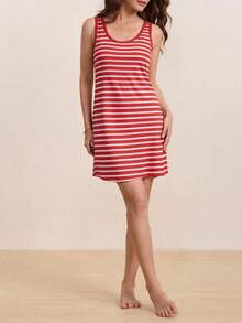 Spring/Summer New Striped Women's Tank Top Nightgown, Red And White Striped Women's Casual Sleep Dress, Comfortable Soft Home Dress, Summer Tank Dress - Red - View 5