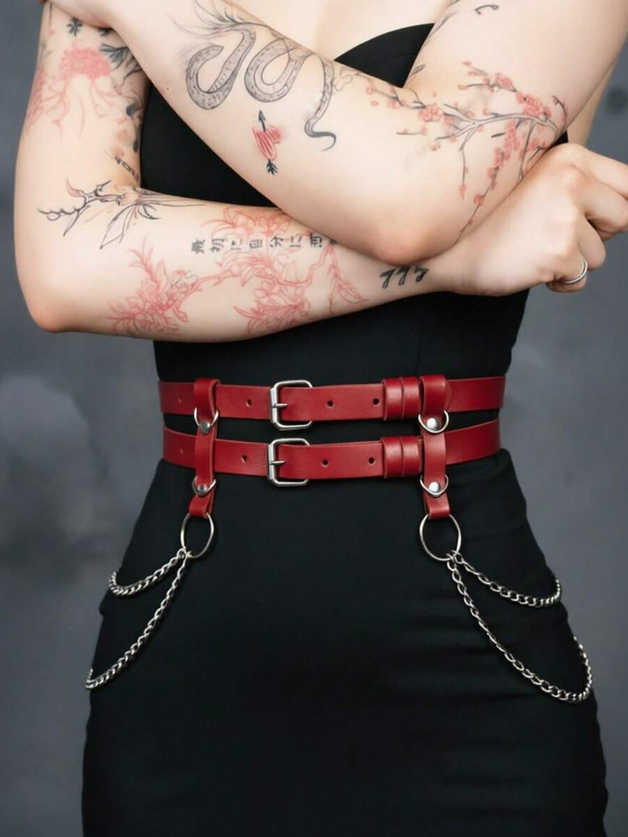 1 buah Sabuk Rantai Gothic Merah Seksi Wanita Gaya Punk Cocok untuk Pemakaian Sehari-hari, Liburan, Pesta, dan Paduan Pakaian