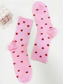 1 Pair Women's Artist Fashion Versatile Pink Heart Pattern Mid-Calf Socks - Pink - View 3