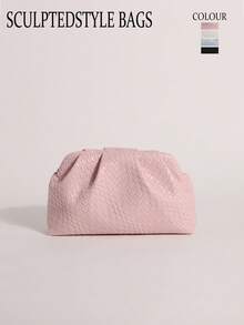 SCULPTEDSTYLE BAGS 1個裝 粉色編織壓紋PU純色雲朵包 時尚女款手提包 壓褶設計 抓皺包 鏈條斜背手拿包 極簡風女款晚宴包 適用舞會派對 - 淺粉色 - 查看 8