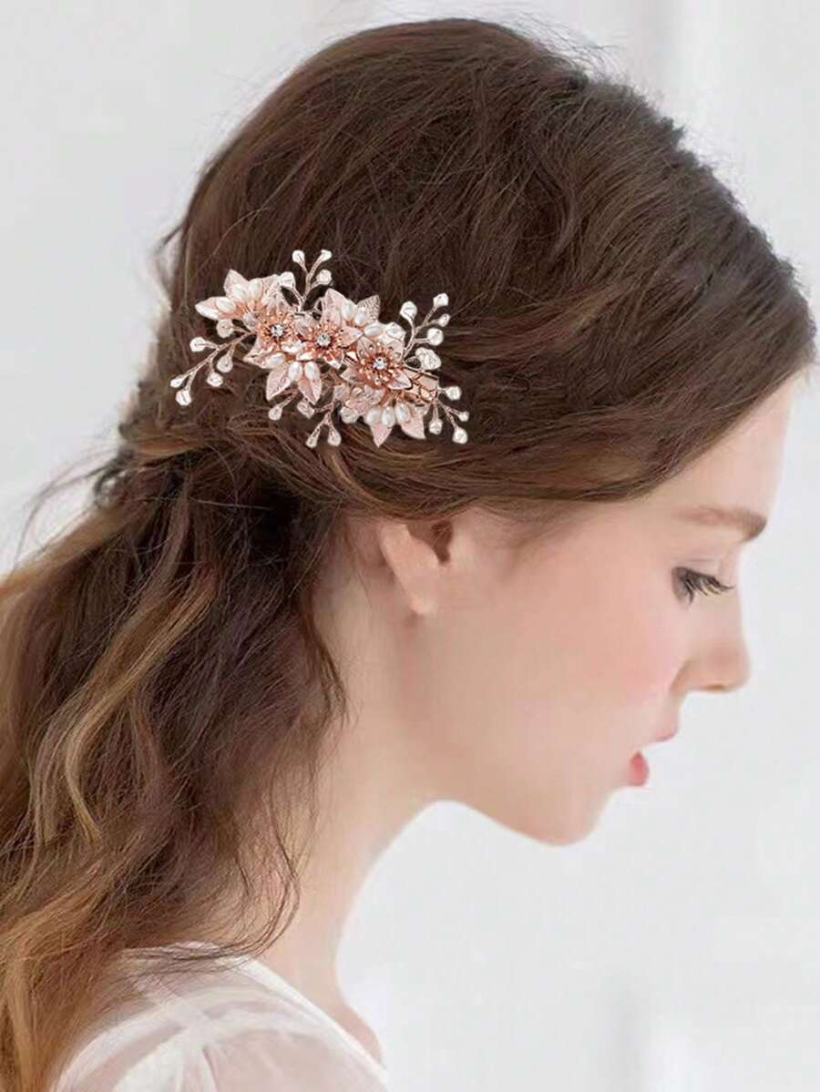 1件女款優雅手工合金葉片軟黏土花朵仿珍珠髮梳 新娘頭飾 婚禮派對用 - 玫瑰金粉色 - View 1