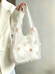 Japanese And Korean Style Niche Design Ins Style Minimalist Fashion Floral Fresh Shoulder Bag Commuter Outing Daily Shopping Floral Drawstring Shoulder Tote Large Bag - White - View 4