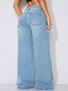 Low Waist Wide Leg Casual Blue Slant Pocket Curved Women Jeans - Baby Blue - View 3