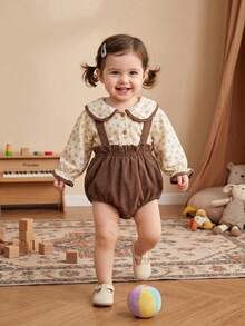 2pcs Baby Girls 2024 Autumn Floral Pattern Peter Pan Collar Top And Bib Pants Set - Brown - View 7