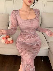 LPPJ Vestido con estampado floral de primavera y verano, vestido elegante de manga larga transparente con dobladillo de sirena ajustado para festival deúsica, boda,, vestido de pase - Rosa - Ver 1