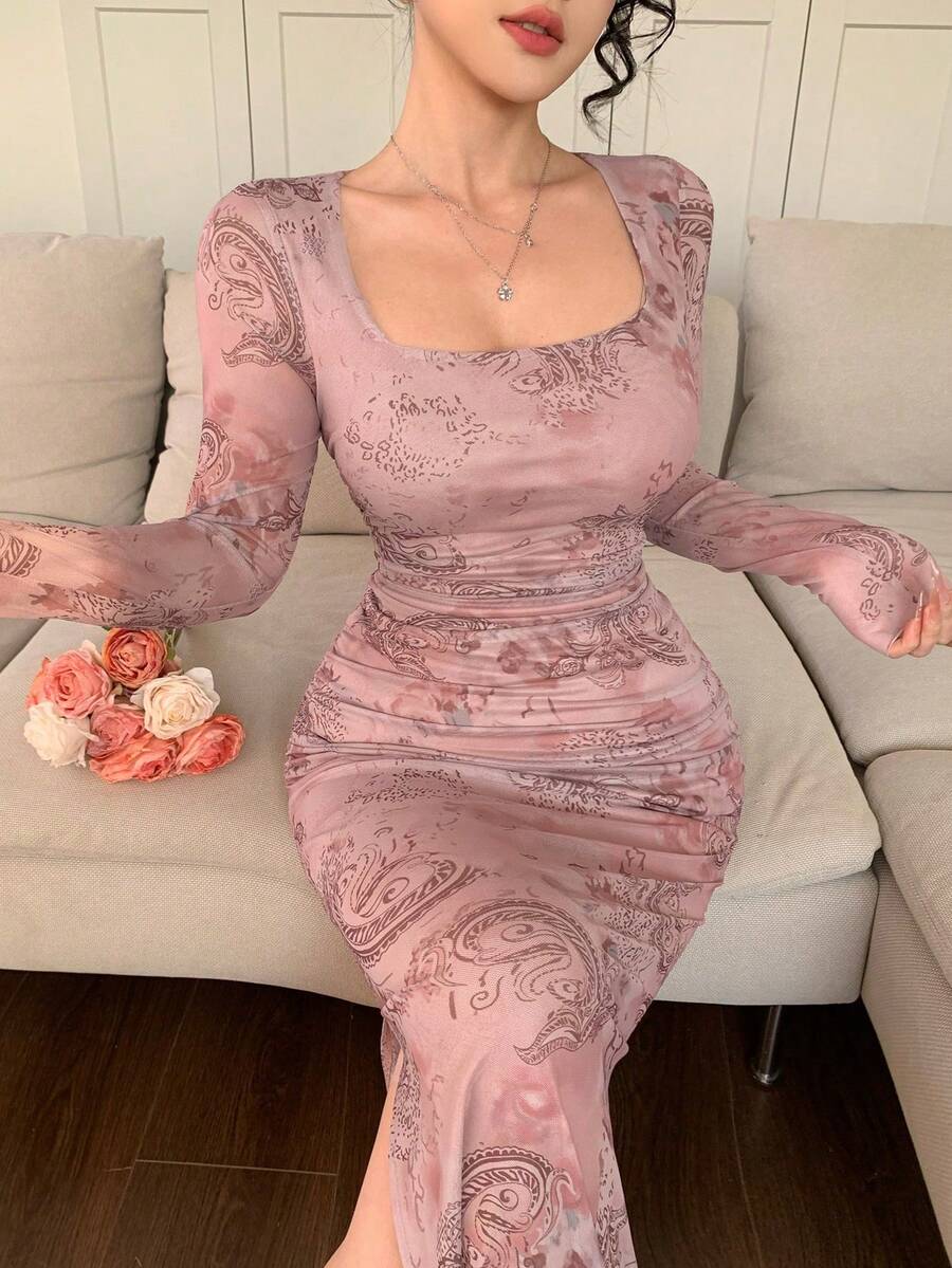 LPPJ Vestido con estampado floral de primavera y verano, vestido elegante de manga larga transparente con dobladillo de sirena ajustado para festival deúsica, boda,, vestido de pase - Rosa - Ver 1