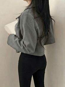 Women's Spring/Autumn Jacket, Lapel Collar, Solid Color, Faux Suede, Zipper, Daily, College, Airport - Dark Grey - View 5