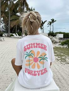 [Double-Sided Print] Women's Summer Casual T-Shirt, Vintage Style, Floral And Coconut Print, Short Sleeve Crew Neck T-Shirt, 100% Cotton - 白色 - 查看 4