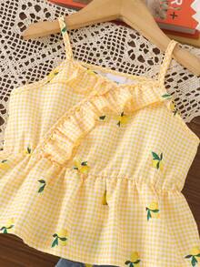 2pcs Young Girls Cute Casual Cherry Camisole Top & Embroidered Denim Skirt Set, Summer Vacation Style - Yellow - View 4
