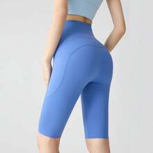BIVIGAOS Sharkskin Yoga Shorts With Pocket, Summer Cycling Shorts, High Waist Slim Fit Push-Up Shorts, Nude Feel, Sports Shorts For Cycling And Fitness - 皇家藍 - 查看 1