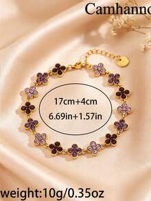 Camhanno 1pc European And American Luxury Style Stainless Steel 18K Gold Plated Four-Leaf Clover Rhinestone Bracelet, Multiple Color Rhinestones Available, Non-Fading, Exquisite Fine Chain, Versatile For Commuting, Women's Jewelry Gift For Best Friend, Daily Accessory - Gold 5 - View 5