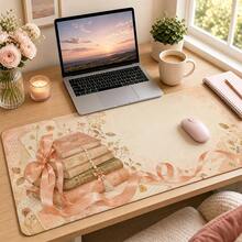 وسادة مكتب كبيرة بتصميم شريط الخوخ والمكتبة، وسادة ماوس بأسلوب حلو لعاشقات الكتب والفتيات المراهقات، وسادة لوحة مفاتيح بلون كريم الخوخ، وسادة ماوس مكتبية ممتدة مضادة للانزلاق للألعاب، ديكور سطح مكتب لطيف للقراءة هدية، مناسبة لغرفة السكن الجامعي والكمبيوتر المحمول والكمبيوتر الشخصي - مشاهدة 2