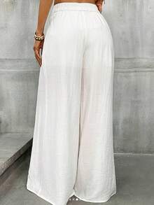 Pantalones de pierna ancha para mujer, con cintura elástica sin estirar, color blanco para uso formal o casual, lavables en máquina, cómodos y con tejido semitransparente - [Blanco] - Ver 3