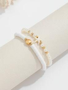 Set Gelang Kaki Lembut Berlapis Mutiara Imitasi Bentuk Bintang Laut Gaya Liburan Pantai (2 Buah), Gelang Kaki Elastis Serbaguna dengan Mutiara Imitasi untuk Wanita - Emas - View 3