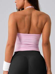NcmRyu Top deportivo para mujer de 1 pieza, color liso, cuello halter, tirantes finos ajustables, escote en V, fruncido y espalda descubierta - Rosa - Ver 9