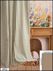 1/2pcs Striped Tassel Curtain American Country Style Kitchen Decor Partition Curtain Rod Pocket Design Suitable For Coffee Shop Sink Cabinet Bookshelf Small Window Balcony All Season Dust-Proof Curtain - Green - View 16