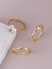 3pcs Sparkling Oval Cubic Zirconia Ring Set, Women's Daily Date, Wedding, Prom, Party Accessories, Bride Stackable Wedding Rings - Yellow Gold - View 4