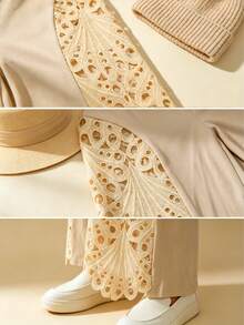 European And American Cross-Border Spring/Summer Versatile High-Waisted Lace Hollow-Out Patchwork White Flowy Wide-Leg Pants - Apricot - View 4
