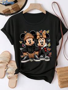 Disney 1 buah Kaos Lengan Pendek Wanita, Motif Grafis Mickey Mouse dan Minnie Mouse, Leher Bulat, Sedikit Elastis - Hitam - View 3
