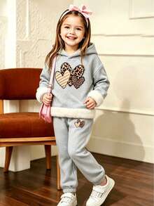 Young Girl Heart Print Warm Hoodie And Sweatpants Set - Grey - View 8