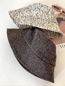 New Women's Japanese Style Leopard Print Rhinestone Bucket Hat, Large Brim Sun Hat, Face-Slimming Sun Protection Hat - A - View 10