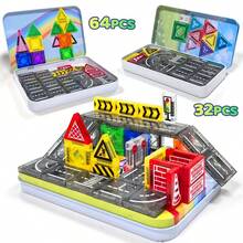 32/64 Pieces See‑Through Color Light Projection Road & Traffic Sign Magnetic Construction Bricks, Premium New Iron Case, Build Fun Halloween Road Scenes, Nice Birthday & Halloween Holiday Gift For All Preschool Kids - Multicolor - View 10