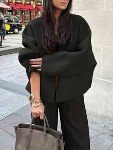 Women's Casual Minimalist Fashion Black Regular Fit Batwing Sleeve Overcoat, Suitable For Autumn/Winter - Black - View 1