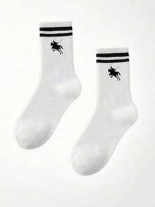 1/5 Pairs Unisex Classic Striped Equestrian Mid-Calf Socks, Breathable Casual Everyday Wear, Fall - White - View 3