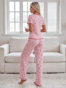New Ribbed Heart Print Large Scoop Neck Short Sleeve Long Pants & Shorts 3 PiecesPajama Set For Women - Pink - View 2