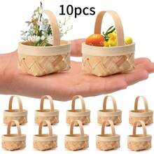2/5/10pcs Mini Woven Style Faux Wood Baskets With Sturdy Lattice Lid And Handle, Small Round Gift Boxes, Woven Handheld Baskets, DIY Gift Decoration Baskets, Candy Boxes For Weddings, Picnics, Country Parties, Easter And Dollhouses - One Size - View 13