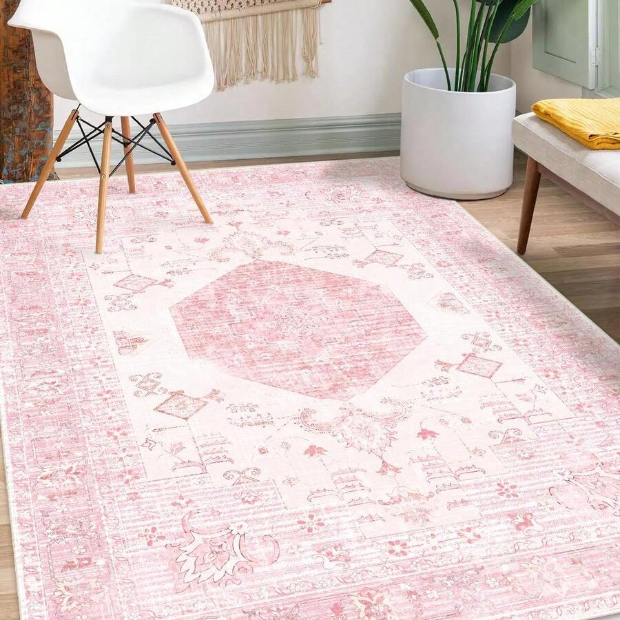 Washable Boho Area Rug 5'*7' Pink White Large Living Room Rug Non-Slip Soft Oriental Vintage Color Bedroom Carpet Dining Room Nursery Home Office Indoor Decor - Multicolor DT2 - View 1