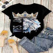 Lion King Crown Graphic T-Shirt, 100% Cotton Oversized Soft Breathable Casual Crewneck Short Sleeve Top, Edgy Streetwear Style Tee For Women & Animal Lovers - 黑色 - 查看 18