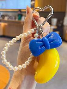Unique & Interesting 3D Contrast Bow Pendant, Faux Pearl Chain Keychain, Fresh & Sweet Contrast Color Bow Packaging Accessory, Fashion 3D Design Heart Buckle With Pearl Chain Creative Bag Charm - Blue - View 9