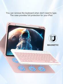 360°旋转键盘保护套，兼容iPad A16（第11/10代）、第9/8/7代（10.2英寸）、iPad Air（10.9/11英寸），采用TPU翻盖PU皮革材质，内置无线蓝牙键盘（150mAh电池）和支架，粉色 - 粉色 - 查看 6
