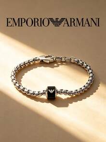 Armani 男士銀色方鏈手鍊，黑色方形珠飾搭配鷹標誌，可調節延長鏈，經典商務日常腕飾禮物 - 銀色 - 查看 3